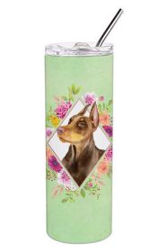 Doberman 1 Green Flowers Stainless Steel Skinny Tumbler