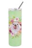 English Bulldog 1 Green Flowers Stainless Steel Skinny Tumbler