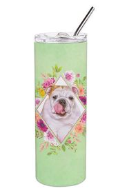 English Bulldog 1 Green Flowers Stainless Steel Skinny Tumbler
