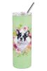 French Bulldog Green Flowers Stainless Steel Skinny Tumbler