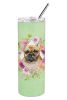 French Bulldog - Fawn - Green Flowers Stainless Steel Skinny Tumbler