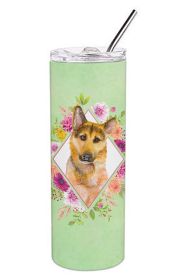 German Shepherd #2 Green Flowers Stainless Steel Skinny Tumbler