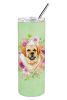 Golden Retriever Green Flowers Stainless Steel Skinny Tumbler