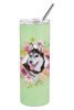 Siberian Husky #1 Green Flowers Stainless Steel Skinny Tumbler