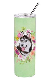 Siberian Husky #1 Green Flowers Stainless Steel Skinny Tumbler