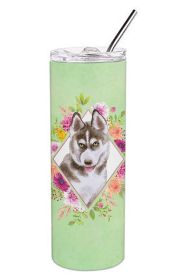 Siberian Husky #2 Green Flowers Stainless Steel Skinny Tumbler