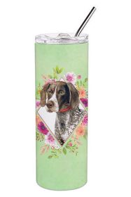 German Shorthaired Pointer Green Flowers Stainless Steel Skinny Tumbler