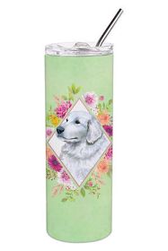 Great Pyrenees Green Flowers Stainless Steel Skinny Tumbler