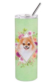 Pomeranian #1 Green Flowers Stainless Steel Skinny Tumbler