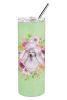 Poodle - White 1 - Standard - Green Flowers Stainless Steel Skinny Tumbler