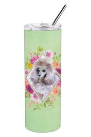Poodle - Grey 1 - Standard - Green Flowers Stainless Steel Skinny Tumbler