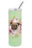 Pug - Fawn - Green Flowers Stainless Steel Skinny Tumbler