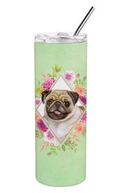 Pug - Fawn - Green Flowers Stainless Steel Skinny Tumbler