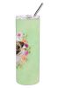 Pug - Fawn - Green Flowers Stainless Steel Skinny Tumbler