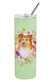 Sheltie/Shetland Sheepdog Green Flowers Stainless Steel Skinny Tumbler