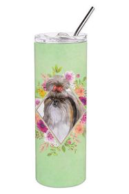 Shih Tzu Green Flowers Stainless Steel Skinny Tumbler