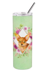 Russian Toy Terrier Green Flowers Stainless Steel Skinny Tumbler