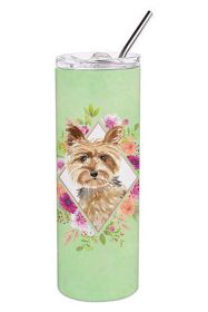 Yorkie Green Flowers Stainless Steel Skinny Tumbler