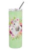 Poodle - White - Standard - Green Flowers Stainless Steel Skinny Tumbler