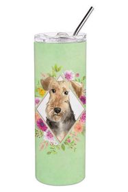 Airedale Terrier Green Flowers Stainless Steel Skinny Tumbler