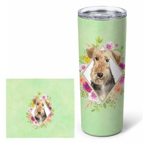Airedale Terrier Green Flowers Stainless Steel Skinny Tumbler