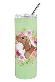 Dachshund Green Flowers Stainless Steel Skinny Tumbler