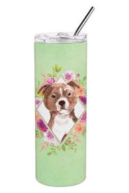 Staffie Bull Terrier Green Flowers Stainless Steel Skinny Tumbler