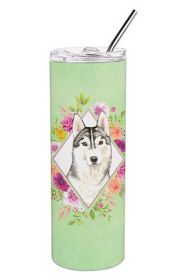 Siberian Husky Green Flowers Stainless Steel Skinny Tumbler