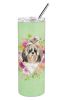 Shih Tzu 1 Green Flowers Stainless Steel Skinny Tumbler