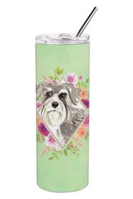 Schnauzer #1 Green Flowers Stainless Steel Skinny Tumbler