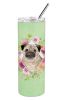 Pug - Fawn 1 - Green Flowers Stainless Steel Skinny Tumbler