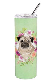Pug - Fawn 1 - Green Flowers Stainless Steel Skinny Tumbler