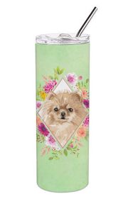 Pomeranian Green Flowers Stainless Steel Skinny Tumbler