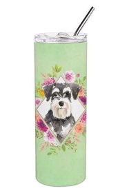 Schnauzer #2 Green Flowers Stainless Steel Skinny Tumbler