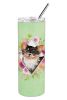 Chihuahua - Longhair 1 - Green Flowers Stainless Steel Skinny Tumbler