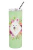 Japanese Spitz Green Flowers Stainless Steel Skinny Tumbler