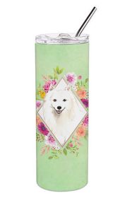 Japanese Spitz Green Flowers Stainless Steel Skinny Tumbler