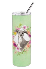 Italian Greyhound 1 Green Flowers Stainless Steel Skinny Tumbler