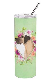 Great Dane - Fawn - Green Flowers Stainless Steel Skinny Tumbler