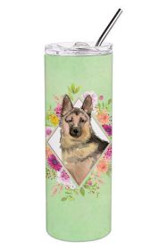 German Shepherd Green Flowers Stainless Steel Skinny Tumbler