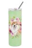 Corgi 1 Green Flowers Stainless Steel Skinny Tumbler