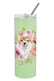 Corgi 1 Green Flowers Stainless Steel Skinny Tumbler