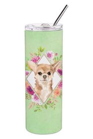 Chihuahua Green Flowers Stainless Steel Skinny Tumbler