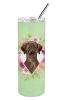 Labrador - Chocolate - Green Flowers Stainless Steel Skinny Tumbler