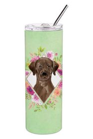 Labrador - Chocolate - Green Flowers Stainless Steel Skinny Tumbler