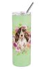 Cocker Spaniel - Brown Parti - Green Flowers Stainless Steel Skinny Tumbler