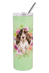 Cocker Spaniel - Brown Parti - Green Flowers Stainless Steel Skinny Tumbler