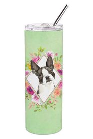 Boston Terrier Green Flowers Stainless Steel Skinny Tumbler