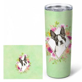 Boston Terrier Green Flowers Stainless Steel Skinny Tumbler