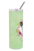 Frenchie - Black and White - Green Flowers Stainless Steel Skinny Tumbler